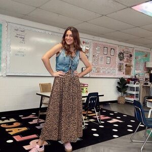 Target Blue Denim Tie-Front Top with Brown Leopard Print Maxi Skirt